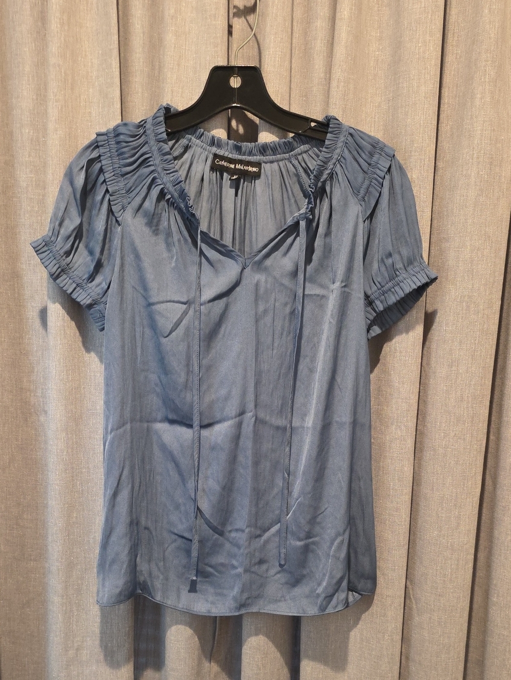 Catherine Malandrino Dusty Blue Ruffle Tie-Neck Short Sleeve Blouse